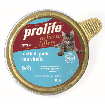 PROLIFE CAT KITTEN DELICATE FILLETS POLLO/VITELLO VASCHETTA 85g