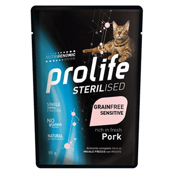 PROLIFE CAT ADULT STERILIZED GRAIN FREE SENSITIVE MAIALE BUSTA 85g